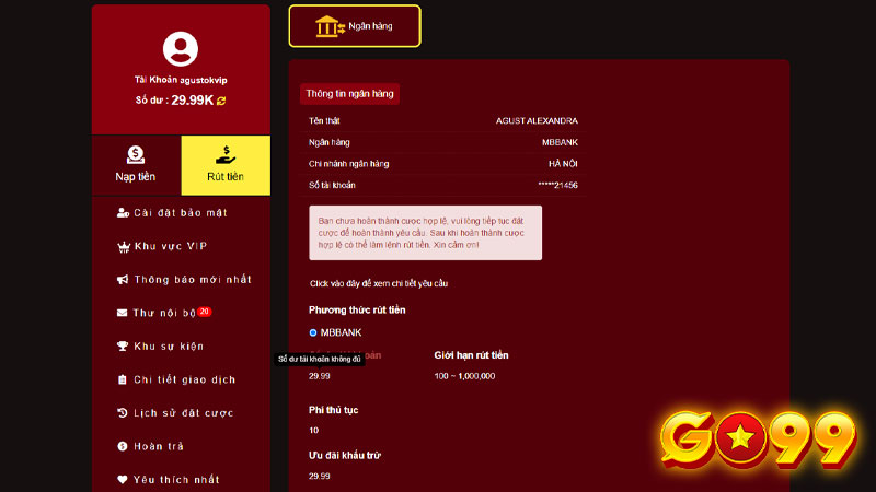 Form rút tiền Go99 chi tiết